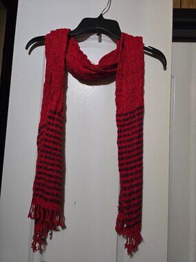 Aarong Women's Red Black Striped Women’s Scarf W Scrunched Texture And Fringes
